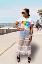 White O Neck Short Sleeve perspective Mesh Print Tees & T-shirts