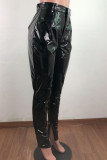 Black Fashion Street Adult Faux Leather Solid Pants Skinny Bottoms