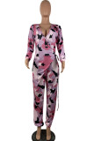 Pink Casual Print Long Sleeve V Neck Jumpsuits