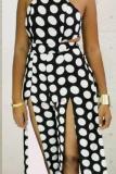 Zwart en wit Casual Mode Polka Dot bandage Asymmetrische Split Mouwloze Slip Jumpsuits