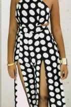 Black and white Casual Fashion Polka Dot bandage Asymmetrical Split Polyester Sleeveless Slip  Jumpsuits