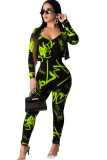 Fluorescent green Casual Two Piece Suits Print Straight Long Sleeve