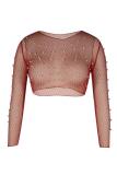 Blue O Neck Long Sleeve Solid Mesh Patchwork Beading perspective Tees & T-shirts