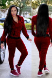 Maroon Fashion adult Sexy Two Piece Suits Patchwork Dot Straight Long Sleeve Two-piece Pants Set