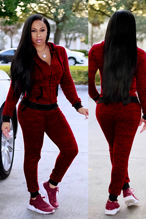 Wine Red Fashion adult Sexy Two Piece Suits Patchwork Dot Straight Long Sleeve Two-piece Pants Set
