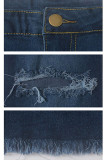 Blå jeansknapp fluga ärmlös hög lapptäcke Hål Solid Boot Cut Byxor Byxor