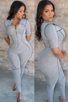 Grey Fashion street zipper Patchwork Solid Polyester Short Sleeve O Neck  Jumpsuits