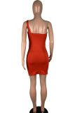 Red Milk. Sexy Off The Shoulder Sleeveless one shoulder collar Step Skirt skirt asymmetrical Solid Club