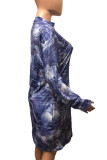 Синий сексуальный принт в стиле пэчворк с круглым вырезом и платьем больших размеров