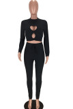 Black Sexy Patchwork HOLLOWED OUT Solid Two Piece Suits pencil Long Sleeve Two-piece Pants Set