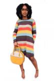 Multi-color Fashion adult Sexy Cap Sleeve Long Sleeves O neck A-Line Knee-Length Striped Patchwork Poc