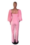 Pink Sexy Fashion Backless zipper Asymmetrical Long Sleeve V Neck Jumpsuits