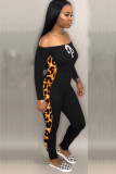 Leopard print Sexy Patchwork bandage Leopard grain Long Sleeve one word collar Jumpsuits