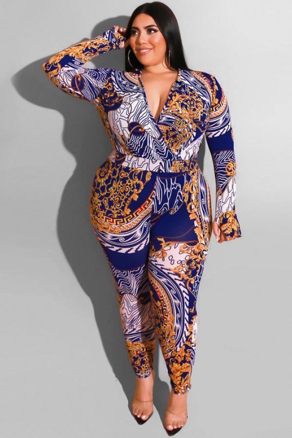 カラーブルー大人セクシーファッションVネックパッチワークプリントパターンプラスサイズジャンプスーツ