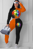 Orange kändisar Tvådelade kostymer Print Rak långärmad tvådelad byxuppsättning
