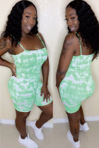 Green Sexy Fashion Patchwork Print Sleeveless Slip Rompers