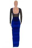Royal blue Sexy Fashion adult Cap Sleeve Long Sleeves O neck Asymmetrical Ankle-Length Solid backless