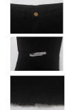 ブラックデニムボタンフライノースリーブハイソリッドパッチワークホールブーツカットパンツ
