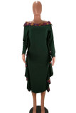 Green Sexy Fashion Off The Shoulder Long Sleeves One word collar A-Line Ankle-Length Patchwork 