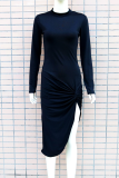 Black Casual Solid High Opening Half A Turtleneck Irregular Dress Dresses