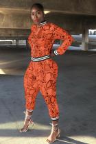 オレンジ大人のセクシーなファッションプリント蛇紋岩パッチワークツーピーススーツ鉛筆長袖