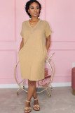 Pink Fashion adult Casual OL Cap Sleeve Short Sleeves V Neck A-Line Knee-Length Patchwork Solid 