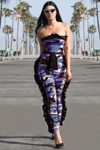 Blue Drawstring Mid Patchwork camouflage pencil Pants Jumpsuits & Rompers