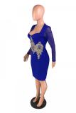 Blue Sexy Fashion adult Cap Sleeve Long Sleeves V Neck Step Skirt Knee-Length Patchwork Embroid