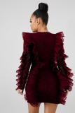 Wine Red Spandex Fashion Cap Sleeve Long Sleeves O neck Step Skirt Mini lace 