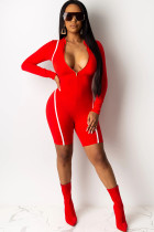 Red street Fashion Solid zipper Long Sleeve O Neck Rompers