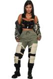 Army Green Elastic Fly Sleeveless Mid bandage Solid Patchwork Harlan pants Pants Pants