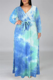 Robe bleu poudré décontracté imprimé tie-dye col en V manches longues grande taille