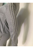 ブラック カジュアル ビーズ ソリッド ツーピース スーツ パッチワーク ペンシル 長袖 ツーピース パンツ セット