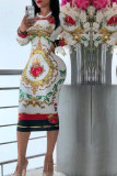 Серое модное тонкое платье с длинными рукавами и круглым вырезом, платья с принтом до середины икры