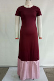 Wine Red Sexy Fashion Cap Sleeve Short Sleeves O neck Princess Dress Floor-Length Solid Patchwork S