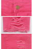 Rosa Denim-Jeans mit Knopfleiste, ärmellos, hohes Loch, solide Patchwork-Caprihose mit Bleistift
