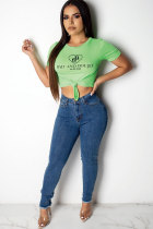 Green O Neck Short Sleeve Print Patchwork Tees & T-shirts