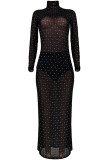 Zwart sexy perspectief mesh geometrische tweedelige pakken A-lijn rok met lange mouwen