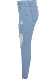 Pantaloni a matita con foro per lavaggio con tasca con cerniera alta con cerniera in denim blu con bottoni in denim