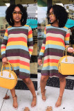 Multi-color Fashion adult Sexy Cap Sleeve Long Sleeves O neck A-Line Knee-Length Striped Patchwork Poc