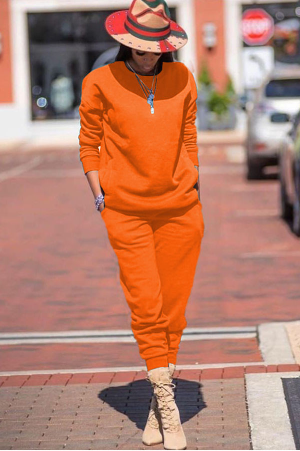 オレンジ カジュアル ソリッド ツーピース スーツ パッチワーク ペンシル 長袖 ツーピース パンツ セット
