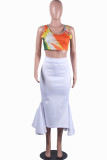 White Elastic Fly Mid Solid Print Pleated skirt Capris Skirts