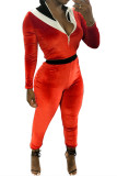 Roter, sexy, solider Patchwork-Jumpsuit mit langen Ärmeln und O-Ausschnitt