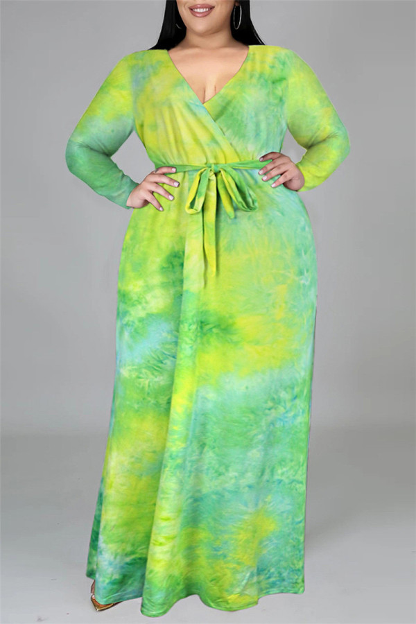 Grüne Mode Casual Print Tie-Dye V-Ausschnitt Langarm Kleid in Übergröße