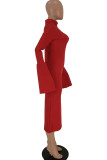 Вино-красный сексуальный рукав-колокольчик, водолазка с длинными рукавами, ступенчатая юбка до середины икры, асимметричная однотонная пэчворк
