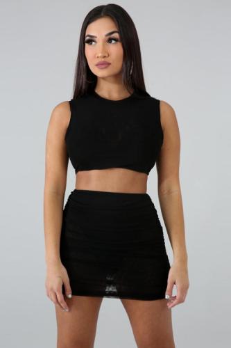 Black Fashion Sexy Slim fit Two Piece Suits crop top Solid Fluorescent Skinny Sleeveless Two-Pi