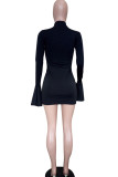 Black Sexy Bell sleeve Long Sleeves O neck Step Skirt skirt Solid Patchwork stringy selvedge Cl
