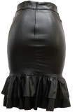 Black PU Zipper Fly Mid Patchwork Zippered Solid Mermaid skirt Skirts