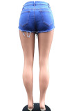 Hellblaue Denim-Shorts mit Reißverschluss, Knopfleiste, Mittelreißverschluss, Waschung, solide, gerade Shorts