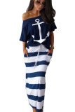 Blue Fashion Casual Two Piece Suits Patchwork Striped Print Straight Short Sleeve Two-Piece Dr